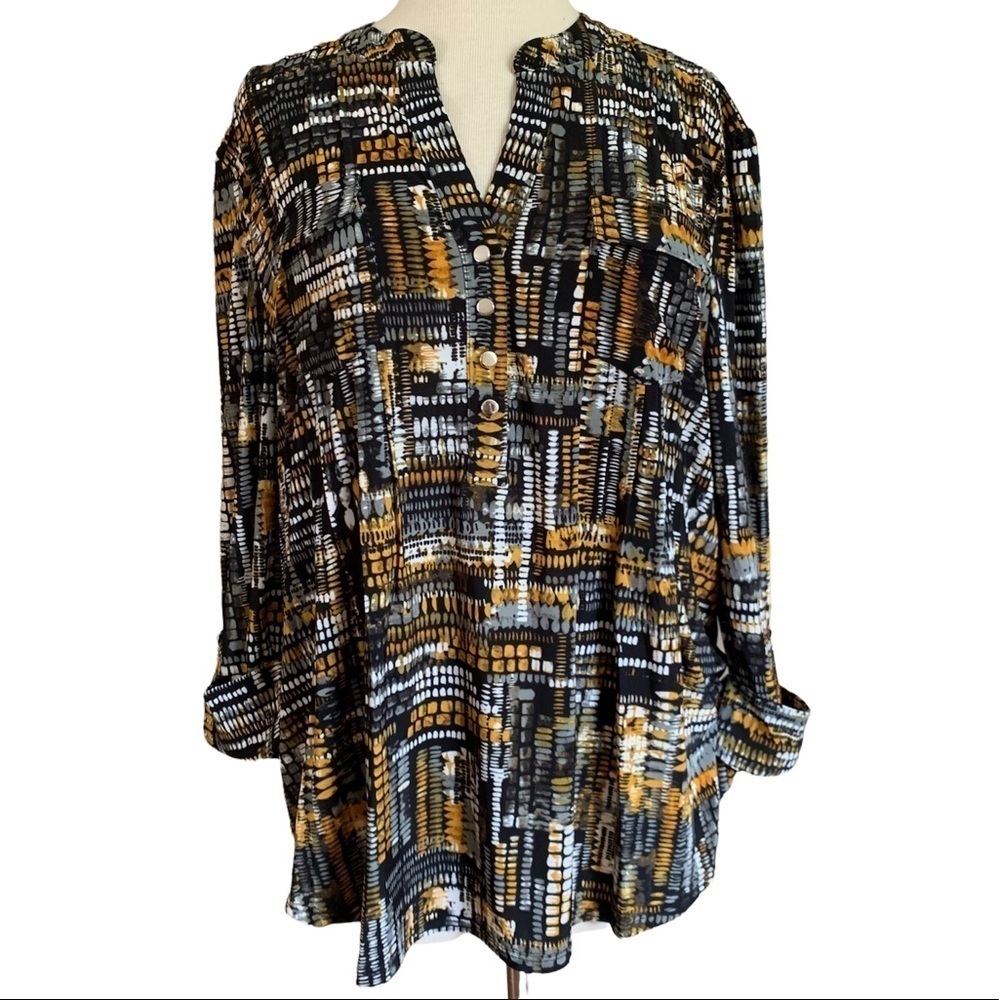 COCOMO Small Black Yellow Gray 3/4 sleeve women’s Pintuck Blouse tunic top shirt
